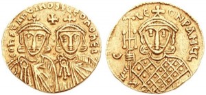 Monnaie byzantine représentant l’Empereur Léon IV le Khazar et son père  Constantin V Copronyme.